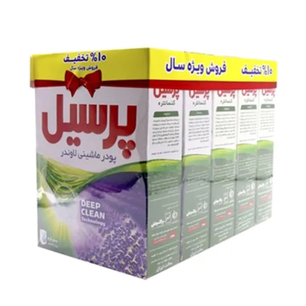 بسته بزرگ پودر ماشین لباسشویی پرسیل Deep Clean، فروش ویژه سال با 10% تخفیف، بسته‌بندی زرد و سفید با طرح گل و روبان قرمز.
