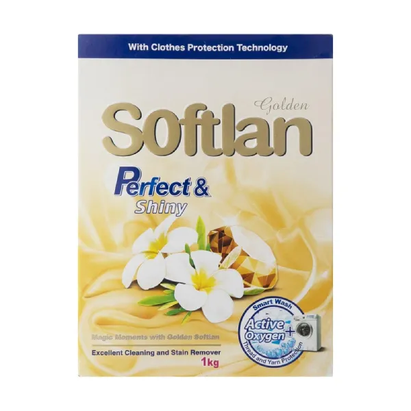 بسته پودر لباسشویی سافتلن طلایی Perfect & Shiny 1 کیلوگرمی با فناوری محافظت از الیاف لباس.