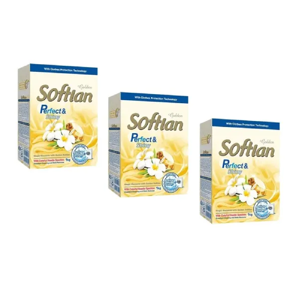 سه بسته پودر لباسشویی سافتلن Perfect & Shiny طلایی 1 کیلوگرمی با فناوری محافظت از الیاف روی پس زمینه سفید.