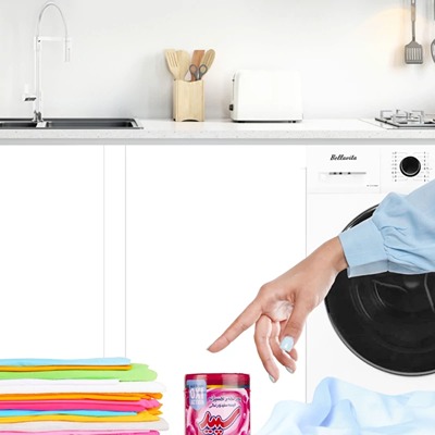 پودر لکه بر البسه سفید و رنگی 500 گرمی سپید کنار ماشین لباسشویی و البسه سفید و رنگی