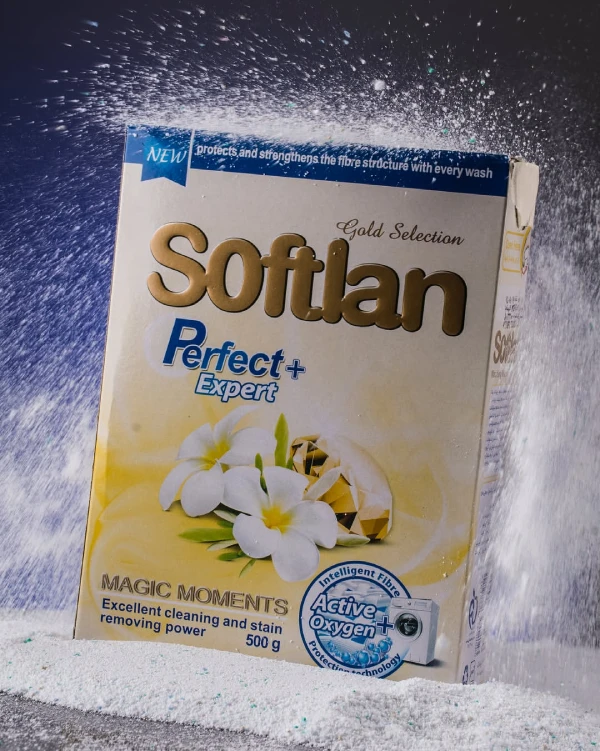 بسته‌ بندی سافتلن گلد سلکشن پرفکت پلاس اکسپرت 500 گرمی، پودر لباسشویی با اکسیژن فعال و قدرت پاک‌ کنندگی و لکه‌ بری عالی