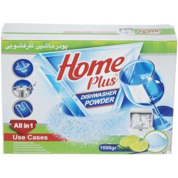 پودر ماشین ظرفشویی هوم پلاس 1000 گرمی، همه در یک، قدرت تمیزکنندگی بالا، لکه‌بری قوی، براق کننده، محافظت از ظروف و ماشین ظرفشویی، خرید آنلاین مواد شوینده در ایران