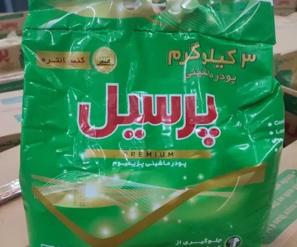 بسته سه کیلوگرمی پودر لباسشویی ماشینی پرسیل پریمیوم با بسته‌بندی سبز