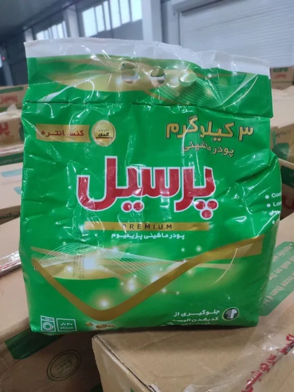 بسته سه کیلوگرمی پودر لباسشویی ماشینی پرسیل پریمیوم با بستهبندی سبز